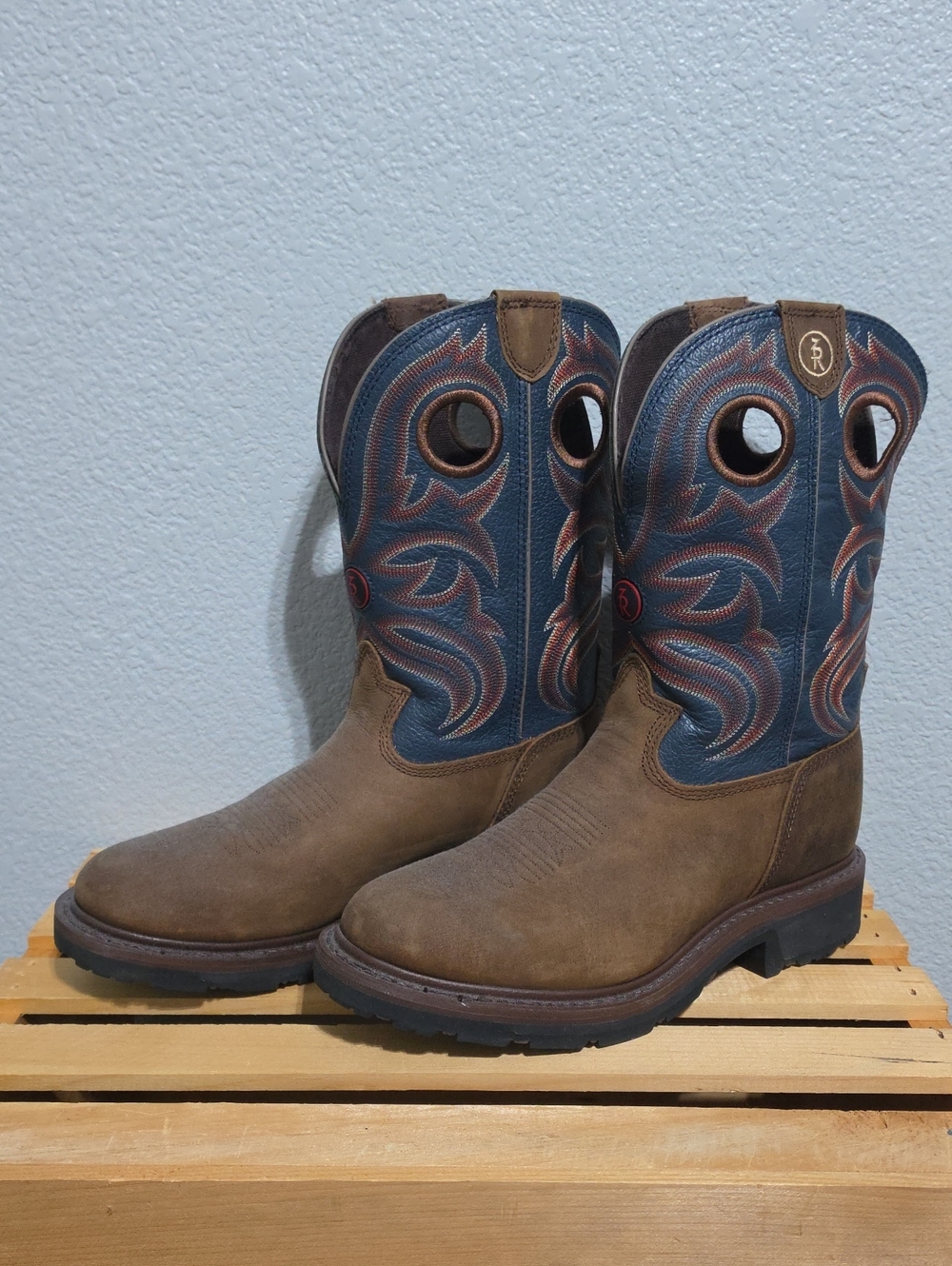 Men's Brown Leather Cowboy Work Boots with Blue Stitching